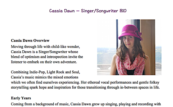 Cassia Dawn musician's bio