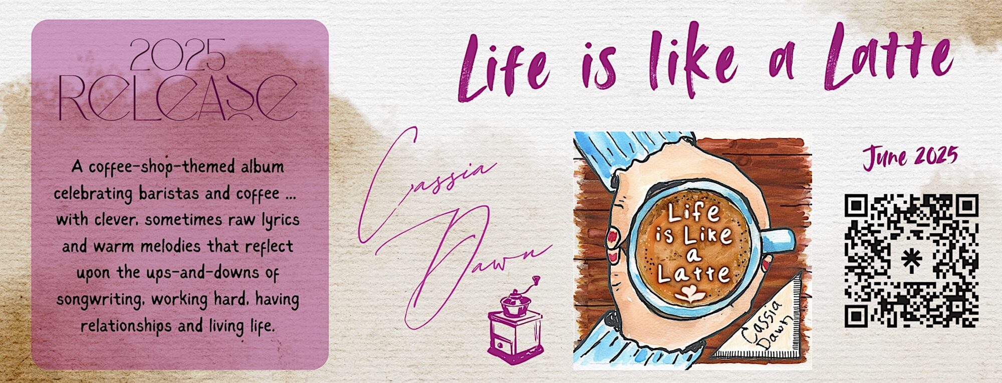 cassia dawn, #cassiadawn, new album, 2025, songs, ep, new release, musician, nashville, Life is Like a Latte, coffee-shop themed album, coffee shop songs, barista music, customer service themed songs