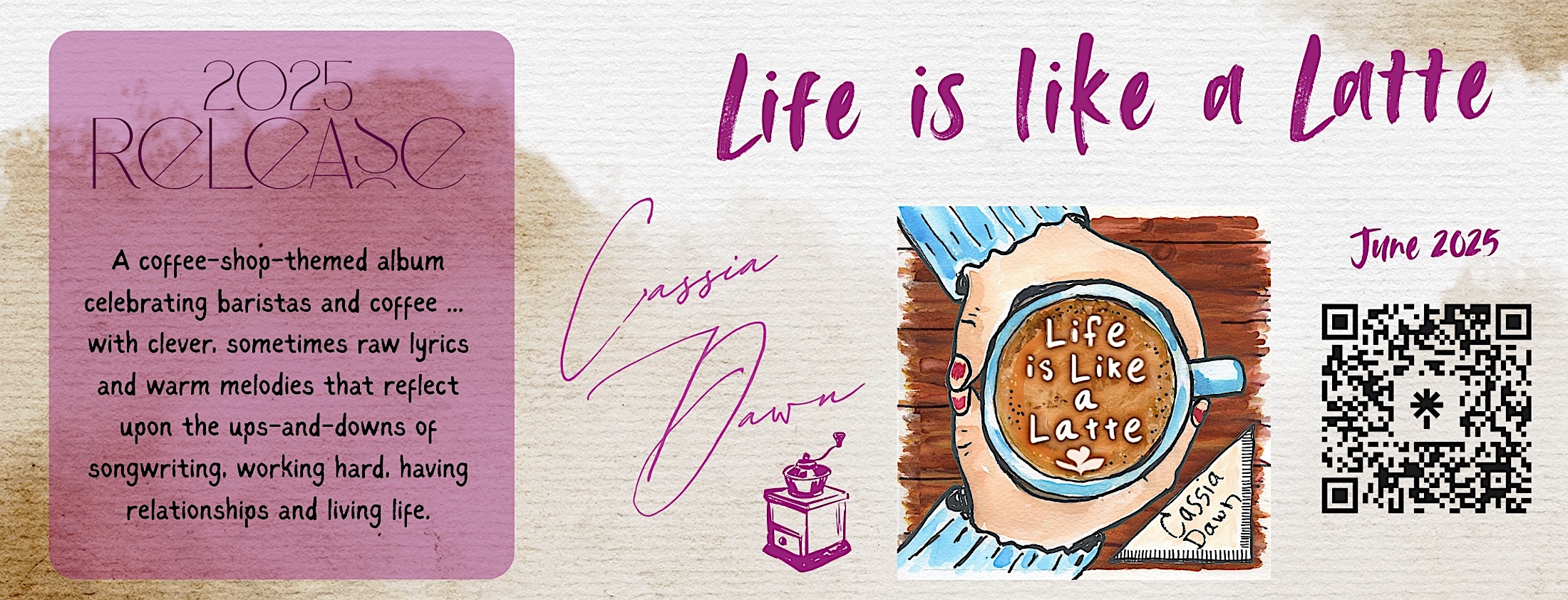 cassia dawn, #cassiadawn, new album, 2025, songs, ep, new release, musician, nashville, Life is Like a Latte, coffee-shop themed album, coffee shop songs, barista music, customer service themed songs