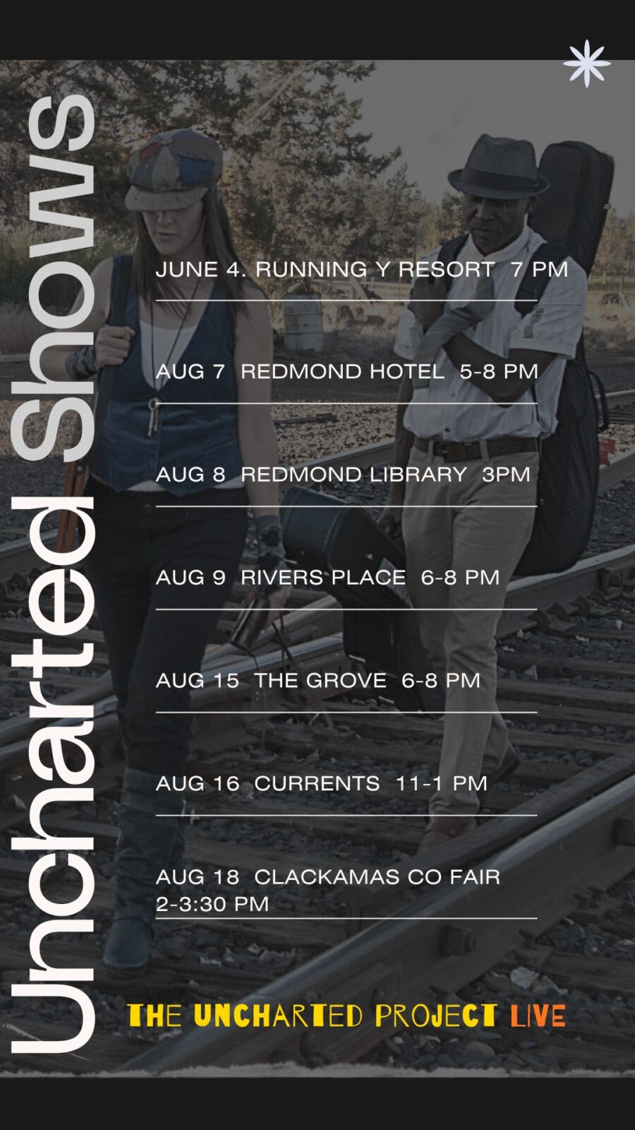the uncharted project, uncharted project, band, music duo, 2026 tour schedule, 2026 tour, oregon tour, performance schedule, 2026 performances, cassia dawn, john fortune, jazzy soul, R&B, bluesy soul, live band, live musicians, booking events, gigs, original songs and cover songs